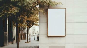 AI generated Generative AI, coffee shop street signboard mock up for logo design, brand presentation, aesthetic muted neutral colors, on the wall outdoor photo