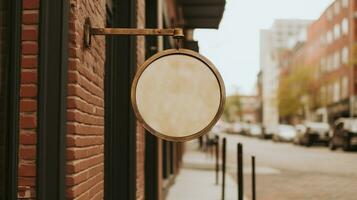 AI generated Generative AI, coffee shop street signboard mock up for logo design, brand presentation, aesthetic muted neutral colors, on the wall outdoor photo