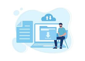 man downloading, transferring document files with laptop concept flat illustration vector