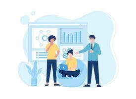 employees discussing in front of their laptops concept flat illustration vector