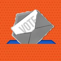 Vote by mail - trendy vintage halftone banner concept. Distant voting. Open envelope with a ballot paper is dropped into the mailbox. vector