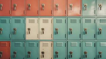 ai generado generativo ai, fila de alto colegio casilleros en el pasillo, armario habitación foto