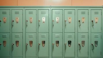 ai generado generativo ai, fila de alto colegio casilleros en el pasillo, armario habitación foto