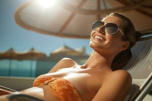 Female tourist sunbathing on sunbed at sea during daytime with Generative AI photo