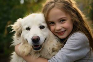 close up of young girl hugging her dog bokeh style background with Generative AI photo