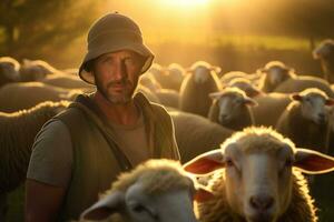 masculino granjero en oveja granja en el tiempo de día con generativo ai foto