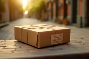 parcel post put on the street in front of the building background bokeh style background with Generative AI photo