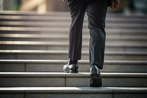 a business man walking up the steps bokeh style background with Generative AI photo