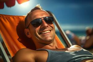 male tourist sunbathing on sunbed at sea during daytime with Generative AI photo
