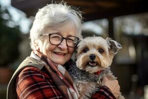 cerca arriba de antiguo mujer abrazando su perro bokeh estilo antecedentes con generativo ai foto