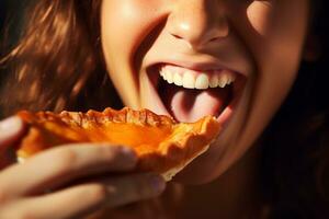 a man eating pumpkin pie with happiness bokeh style background with Generative AI photo