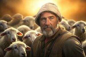 masculino granjero en oveja granja en el tiempo de día con generativo ai foto