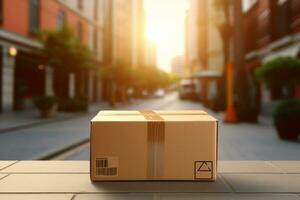 parcel post put on the street in front of the building background bokeh style background with Generative AI photo