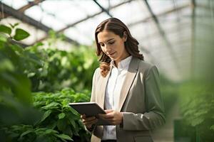 negocio mujer sostiene tableta a monitor agrícola producción en guardería con generativo ai foto