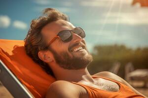 male tourist sunbathing on sunbed at sea during daytime with Generative AI photo