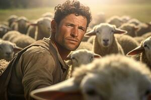 male farmer on sheep farm in the daytime with Generative AI photo
