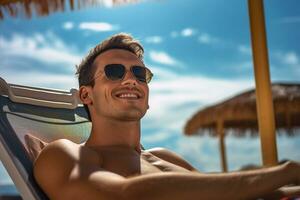 male tourist sunbathing on sunbed at sea during daytime with Generative AI photo
