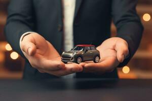 close up of businessman holding a car model bokeh style background with Generative AI photo