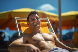 male tourist sunbathing on sunbed at sea during daytime with Generative AI photo