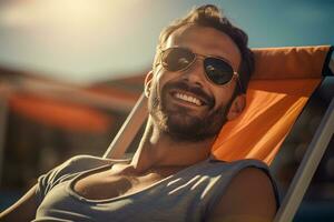 male tourist sunbathing on sunbed at sea during daytime with Generative AI photo