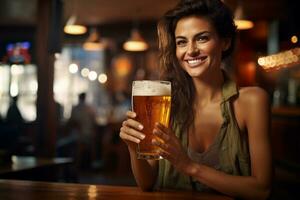 happy women holding a beer on the bar counter bokeh style background with Generative AI photo