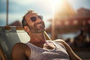 male tourist sunbathing on sunbed at sea during daytime with Generative AI photo