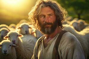 male farmer on sheep farm in the daytime with Generative AI photo