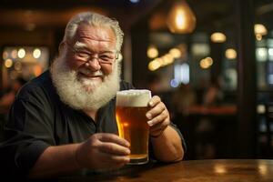 happy old man holding a beer on the bar counter bokeh style background with Generative AI photo