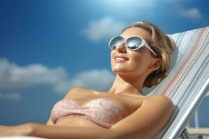 Female tourist sunbathing on sunbed at sea during daytime with Generative AI photo