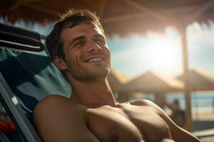 male tourist sunbathing on sunbed at sea during daytime with Generative AI photo