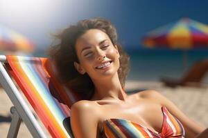 Female tourist sunbathing on sunbed at sea during daytime with Generative AI photo