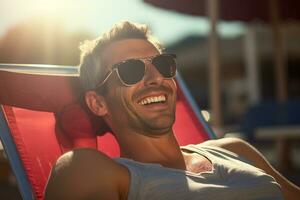 male tourist sunbathing on sunbed at sea during daytime with Generative AI photo