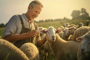 A shepherd farmer man feed a group sheep bokeh style background with Generative AI photo