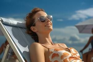 Female tourist sunbathing on sunbed at sea during daytime with Generative AI photo