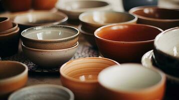 AI generated Generative AI, crafted pottery, still life of hand made pottery and ceramic bowls, hobby and leisure concept photo