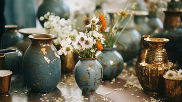 AI generated Generative AI, crafted pottery, still life of hand made pottery and ceramic bowls, hobby and leisure concept photo