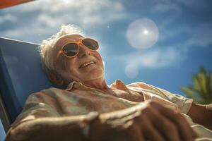 mayor masculino turista broncearse en cama solar a mar durante tiempo de día con generativo ai foto