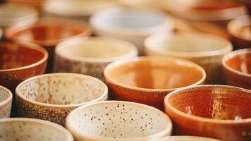 AI generated Generative AI, crafted pottery, still life of hand made pottery and ceramic bowls, hobby and leisure concept photo