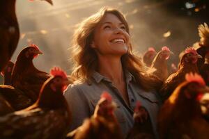 Female farmer on chicken farm in the daytime with Generative AI photo