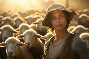 Female farmer on sheep farm in the daytime with Generative AI photo