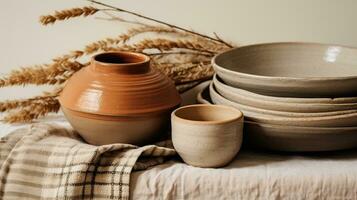 AI generated Generative AI, crafted pottery, still life of hand made pottery and ceramic bowls, hobby and leisure concept photo