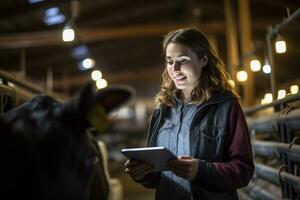 mujer participación un tableta a cheque producción en un vacas granja con generativo ai foto