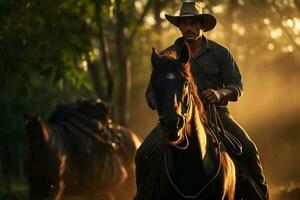 un masculino granjero es montando un caballo en el bosque en el tiempo de día con generativo ai foto