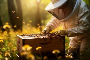 A beekeeper collects beehives from a bee box with Generative AI photo