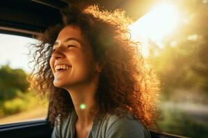 A female tourist sits by the car window while driving on a road trip with Generative AI photo