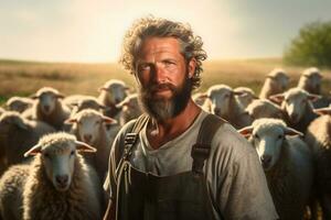 masculino granjero en oveja granja en el tiempo de día con generativo ai foto