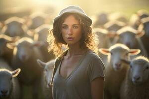 hembra granjero en oveja granja en el tiempo de día con generativo ai foto