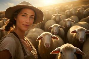 hembra granjero en oveja granja en el tiempo de día con generativo ai foto