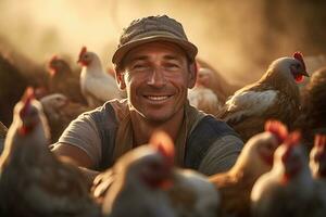 masculino granjero en pollo granja en el tiempo de día con generativo ai foto