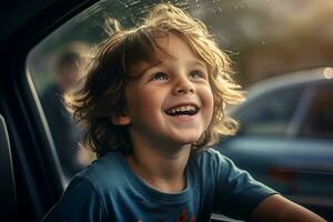 A young boy sits by the car window while driving on a road trip with Generative AI photo